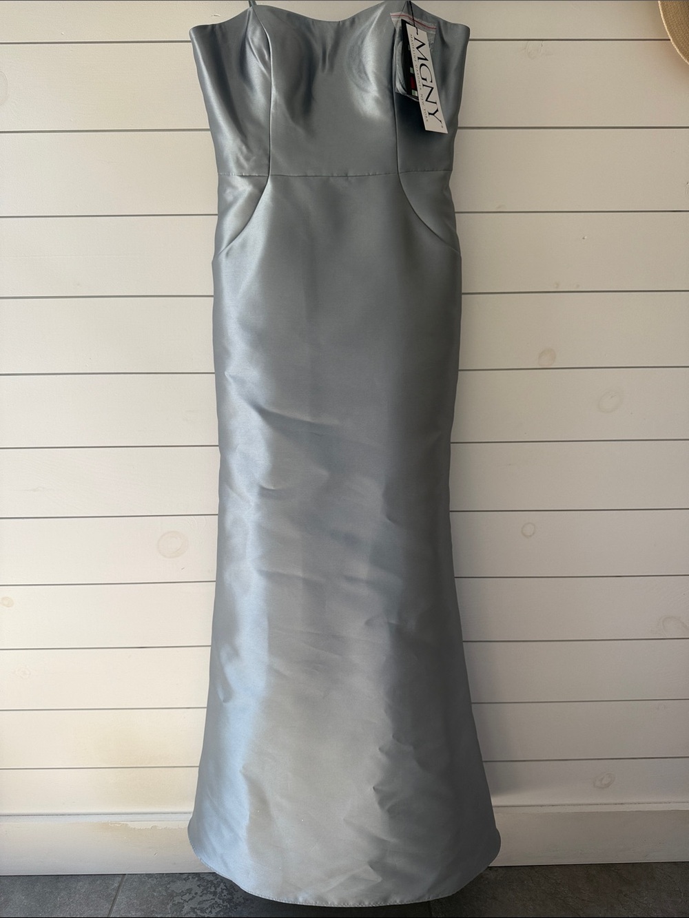 Madeline Gardner Strapless Silver Sage Larissa Satin Gown with Matching Wrap